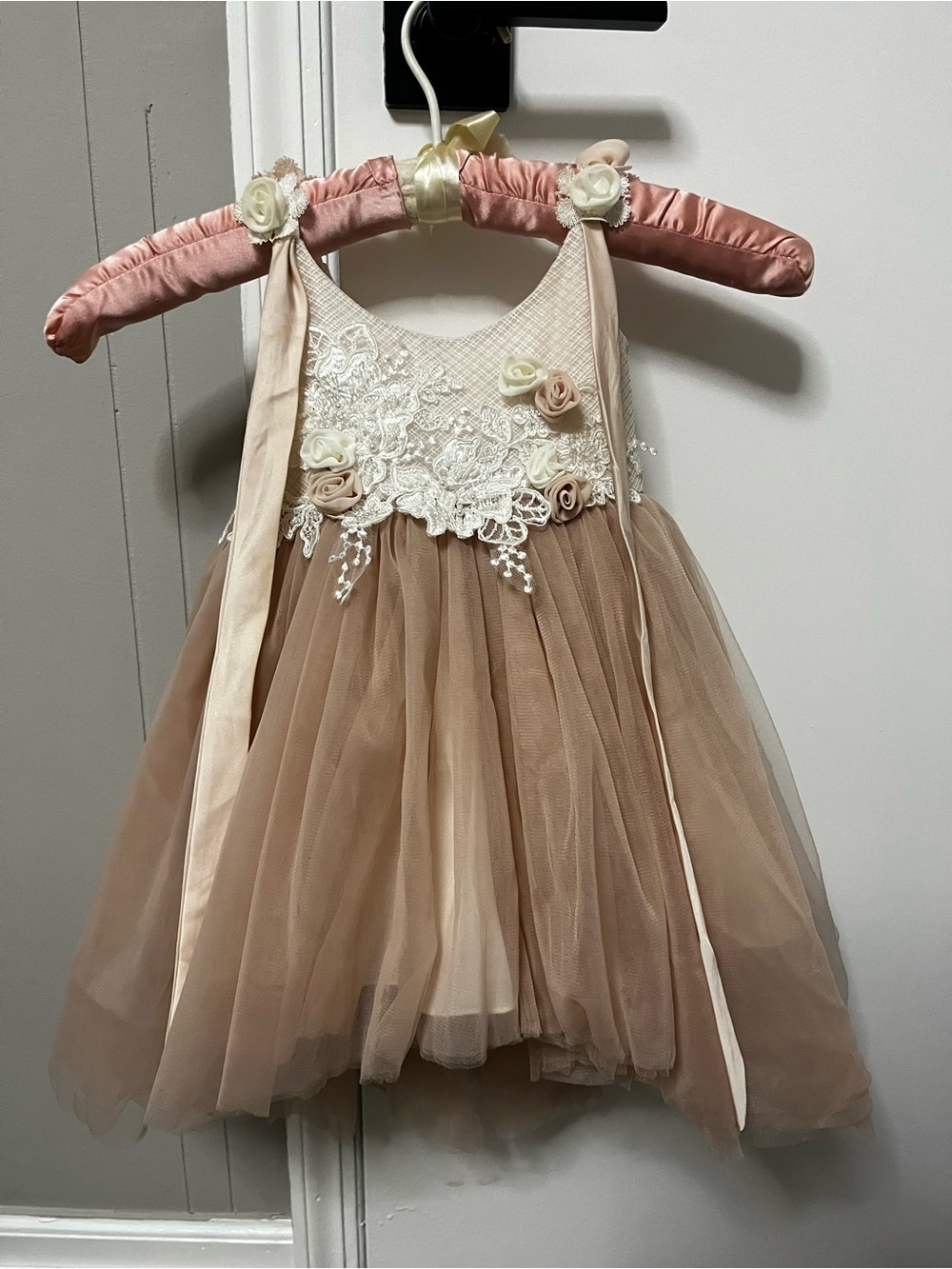 Cream & Blush Tulle Flower Girl Dress with Lace Bodice